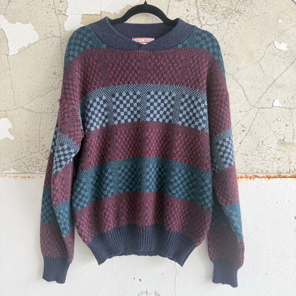 Vtg Sweater Checkerboard Stripe Colorblock Retro Knit Pullover Men L 90s Grandpa